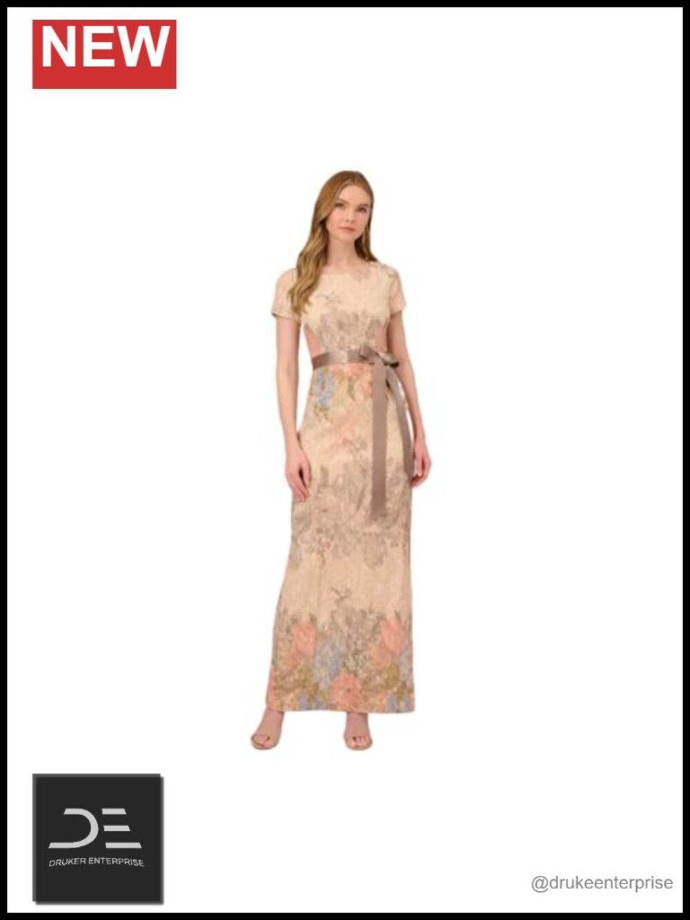 Matelasse Column Gown Floral Cap Sleeve Formal Evening Dress